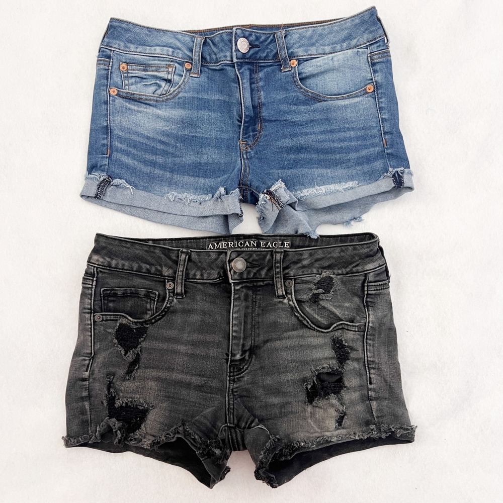 American Eagle By Payless Blue and Black Jean Shorts Distressed Style